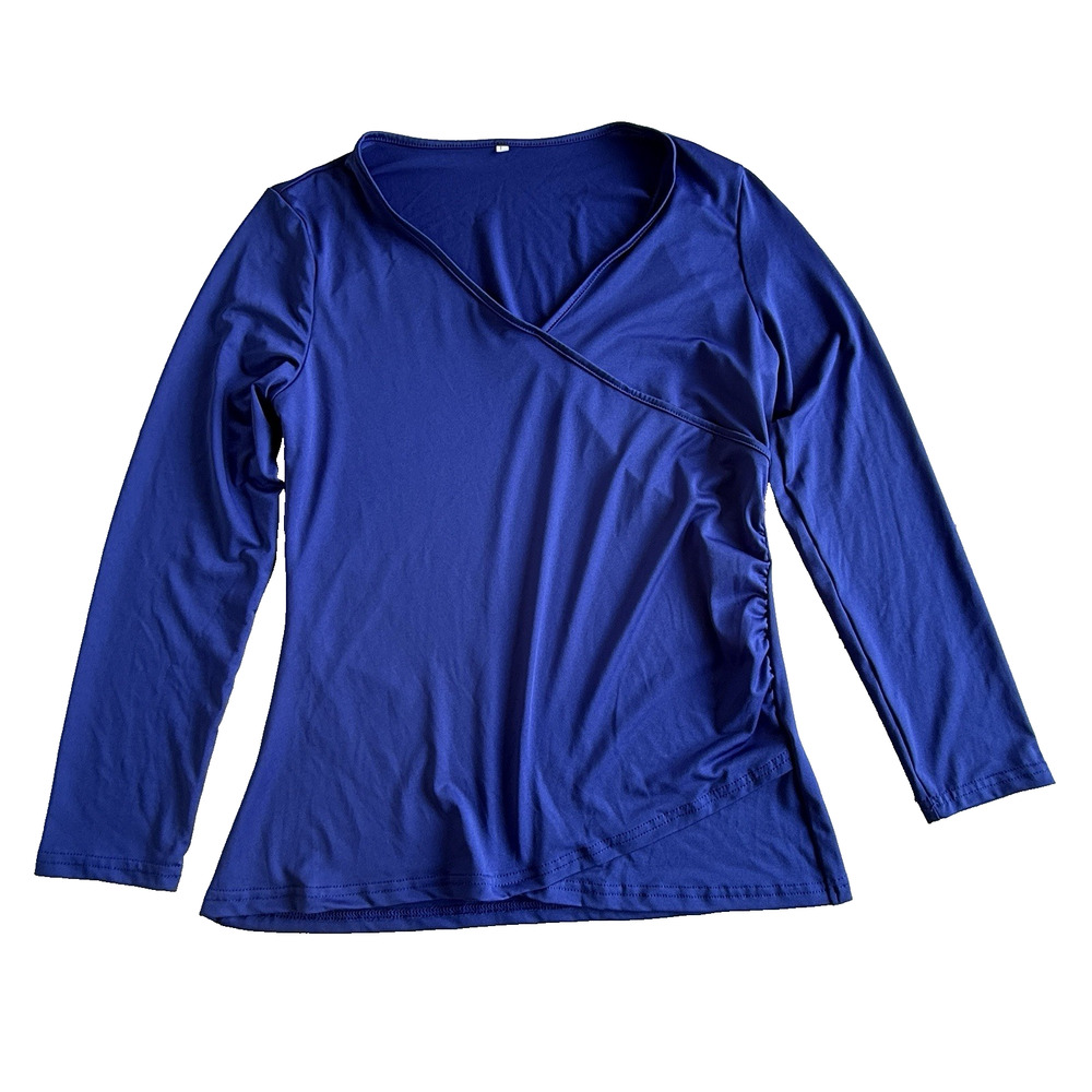 Royal Blue Long Sleeve Stretch Wrap V-Neck Top – Size Large